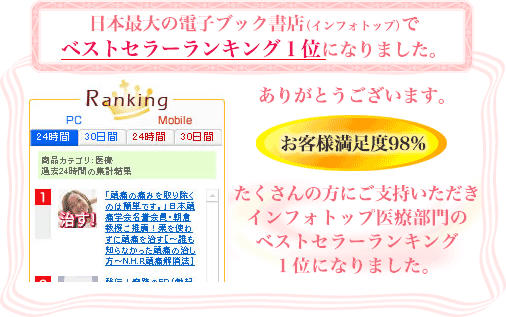 日本最大の電子ブック書店（インフォトップ）でベストセラーランキング１位になりました。　ありがとうございます。「お客様満足度98％」たくさんの方にご指示をいただきインフォトップ医療部門の１位になりました。